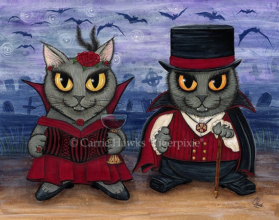 Vampire Cat Couple Original Cat Painting Victorian Gothic Fantasy Cat Art Acrylic Painting 14x11