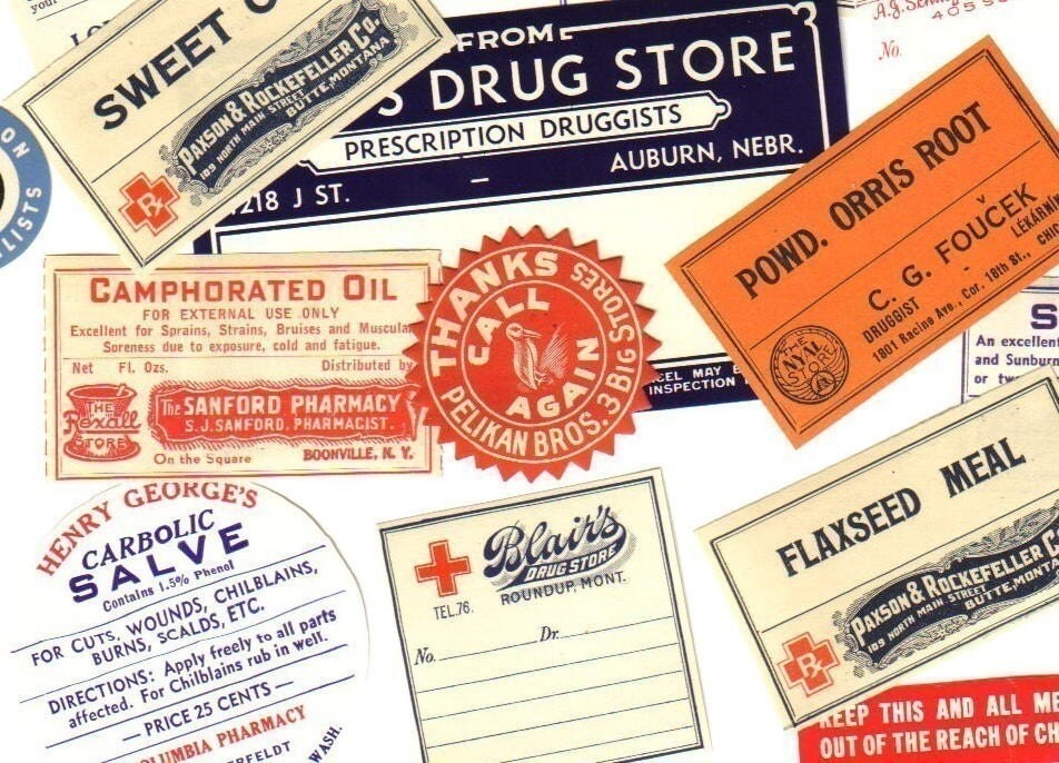 10pcs OLD PHARMACY LABELS Vintage 1910s-50s Drugs Tinctures