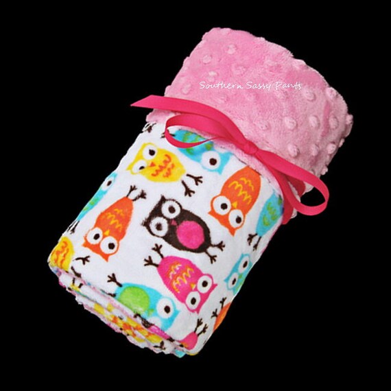 Baby Girl Owl Blanket Pink Minky Dot and Owl Minky for Baby