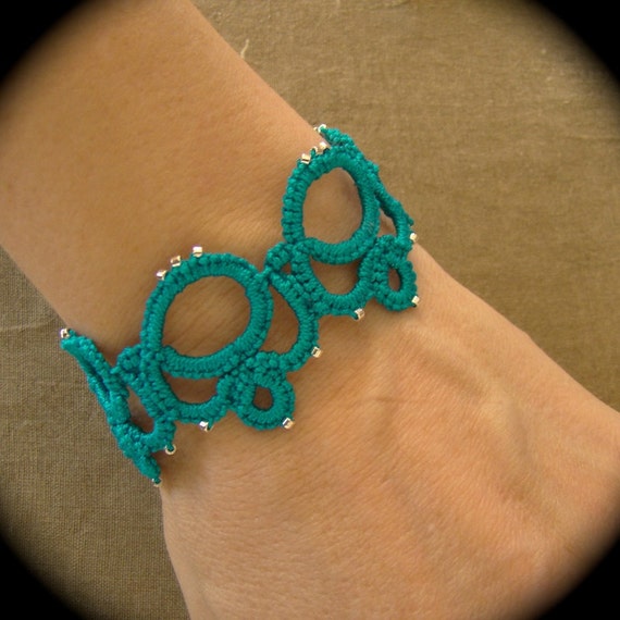 Tatted Lace Bracelet with beads Holding Hands Turquoise