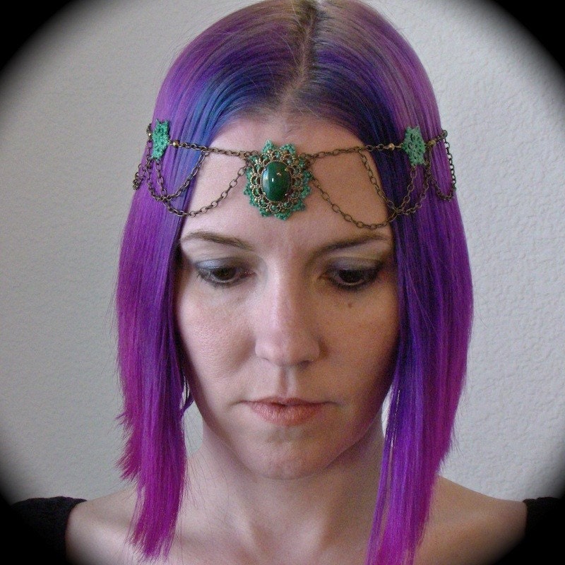 Tatted Circlet Headpiece Brass Chain and Green Lace