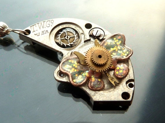 Steampunk Moon n Butterfly celestial Necklace with gears watch parts sterling silver brass copper by Gemoriah steampunk buy now online