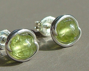 Peridot Studs Peridot Earrings Tiny Peridot Post Earrings Wire Wrapped in Sterling Silver Stud Earrings Birthstone Earrings Peridot Studs
