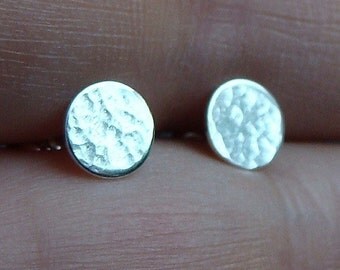 Flat Studs Flat Earrings 6mm Hammered Tiny Disc Studs Post Earrings Sterling Silver Stud Earrings