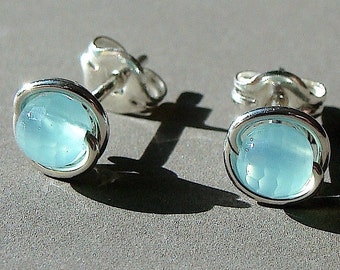 Blue Chalcedony Studs Tiny Faceted Sea Blue Chalcedony Post Earrings Wire Wrapped in Sterling Silver Stud Earrings