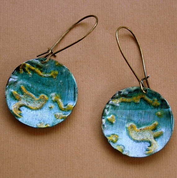 Bird Bath Earrings brass disc painted patina green yellow