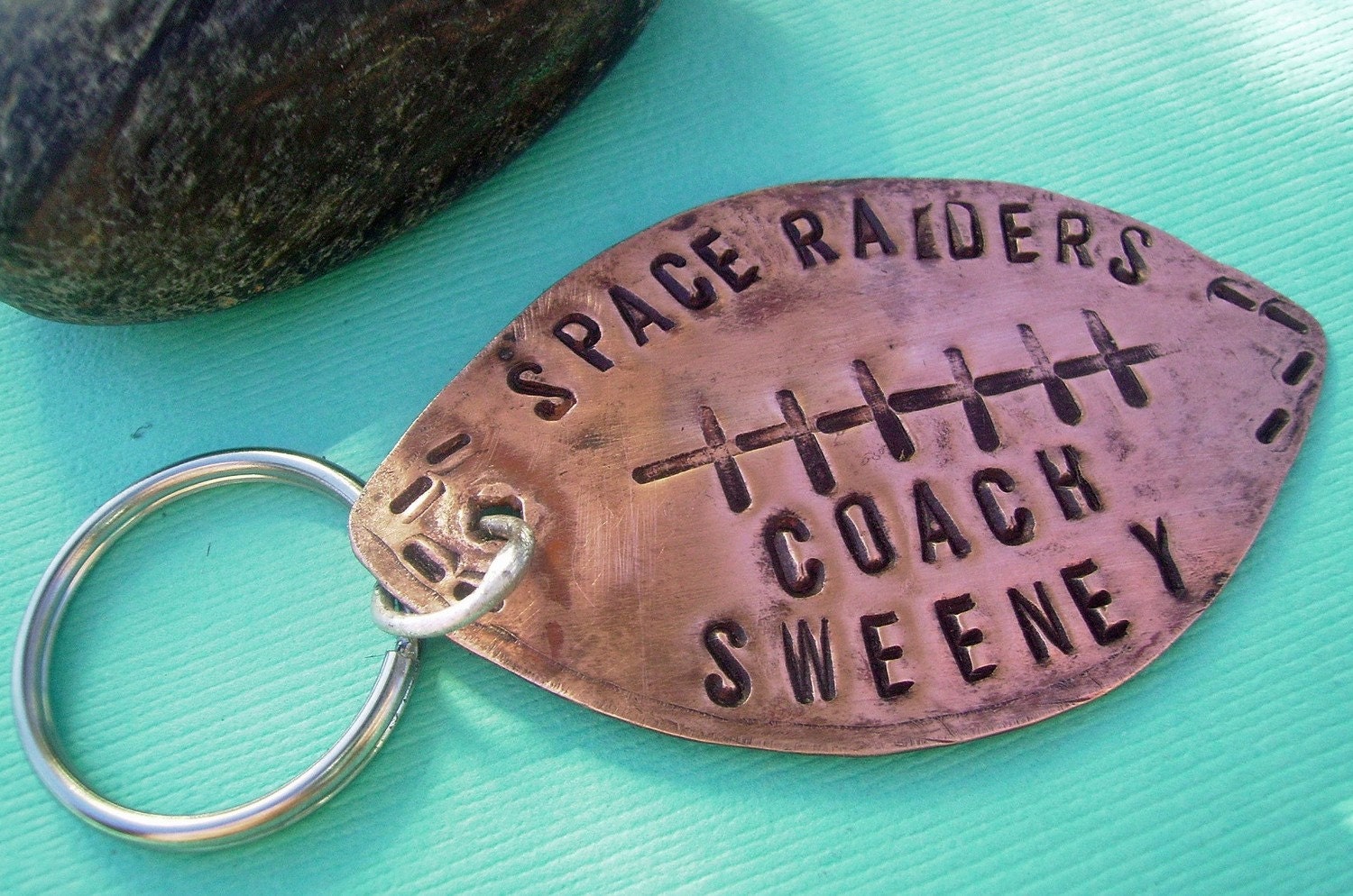 Football Key Chain Hand Stamped Rustic Antiqued Copper or