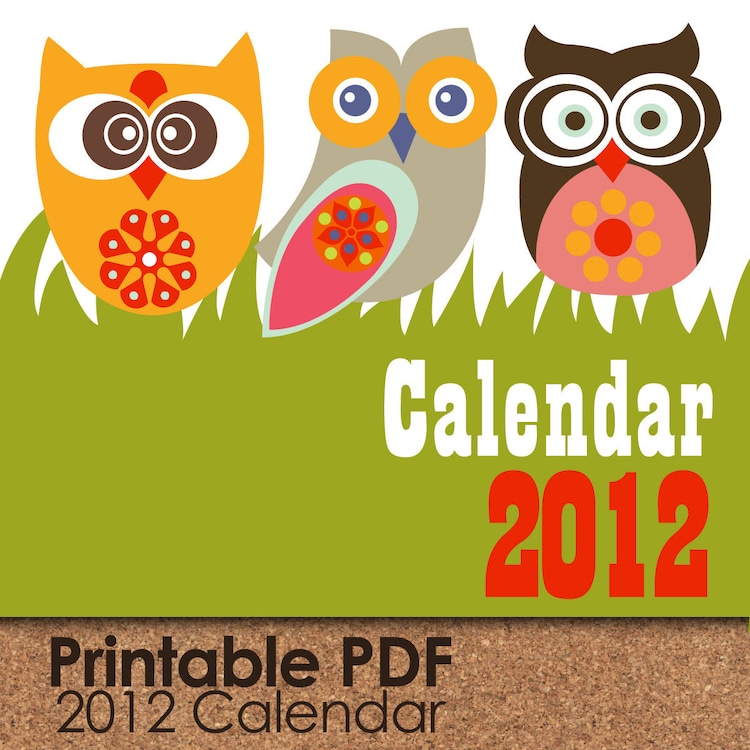 Cute little Owls Calendar 2012 printable PDF by valentinadesign