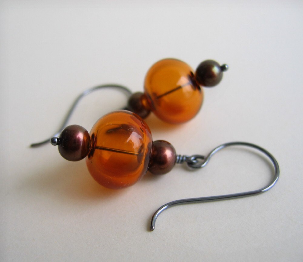 Blown Glass Earrings Caramel Glass Brown Pearl Earrings