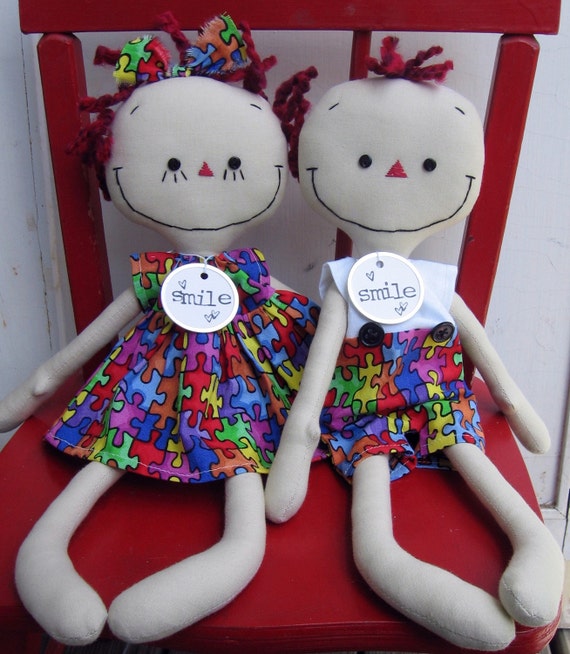 Autism Awareness handmade cloth dolls Boy and Girl Pair