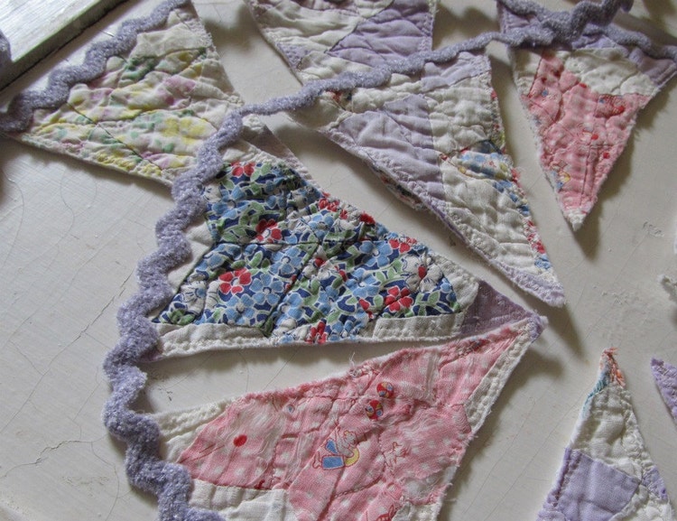 Vintage Star Quilt and Rick Rack Fabric Bunting by SugarAndSpice