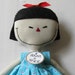 Kimi in Aqua, Red and White Asian handmade cloth rag doll