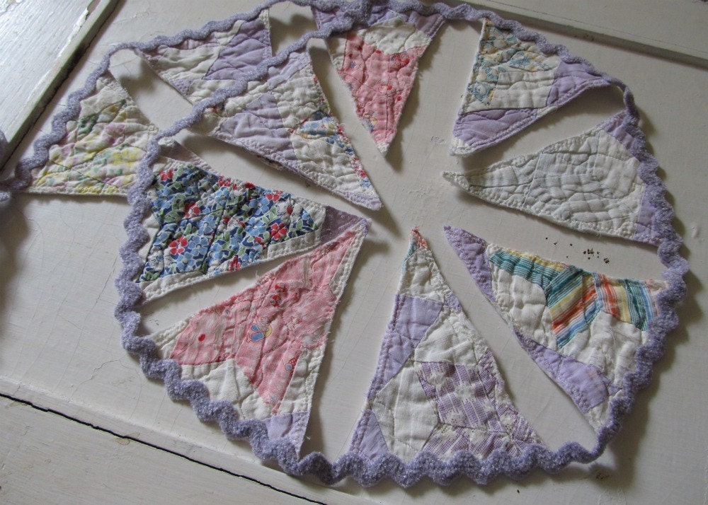 Vintage Star Quilt and Rick Rack Fabric Bunting by SugarAndSpice