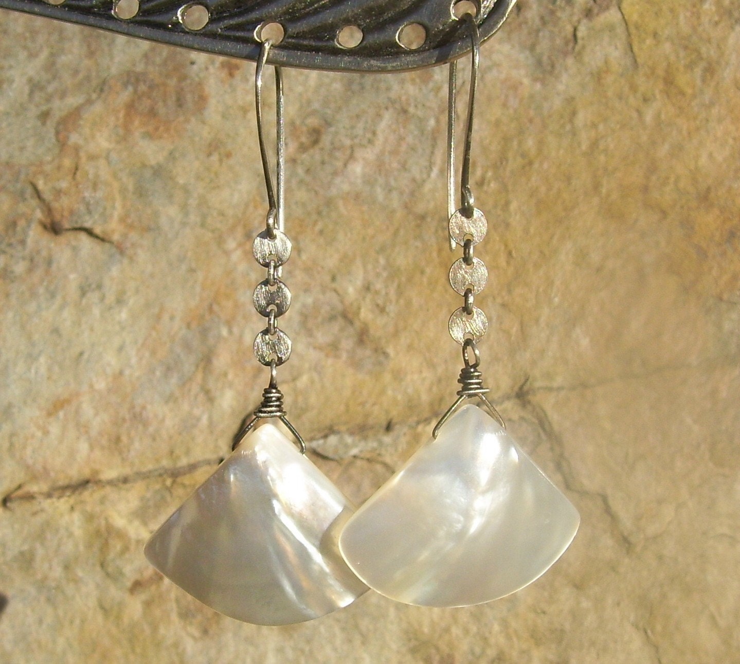 MOP Mother of Pearl fan shaped earrings oxidized sterling