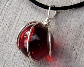 Ruby Red Marble Pendant Necklace, Marble Jewelry, Red Glass Silver Wire Wrapped Marble Necklace, Women Christmas Gift Stocking Stuffer