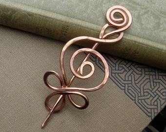 Celtic Budding Spiral Copper Shawl Pin, Copper Pin Scarf Pin, Sweater Pin Brooches, Cardigan Fastener Closure Hair Pin Knitters Accessories