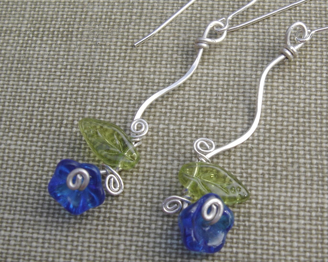 Long Blue Glass Flower Earrings Swinging Vine Dangle