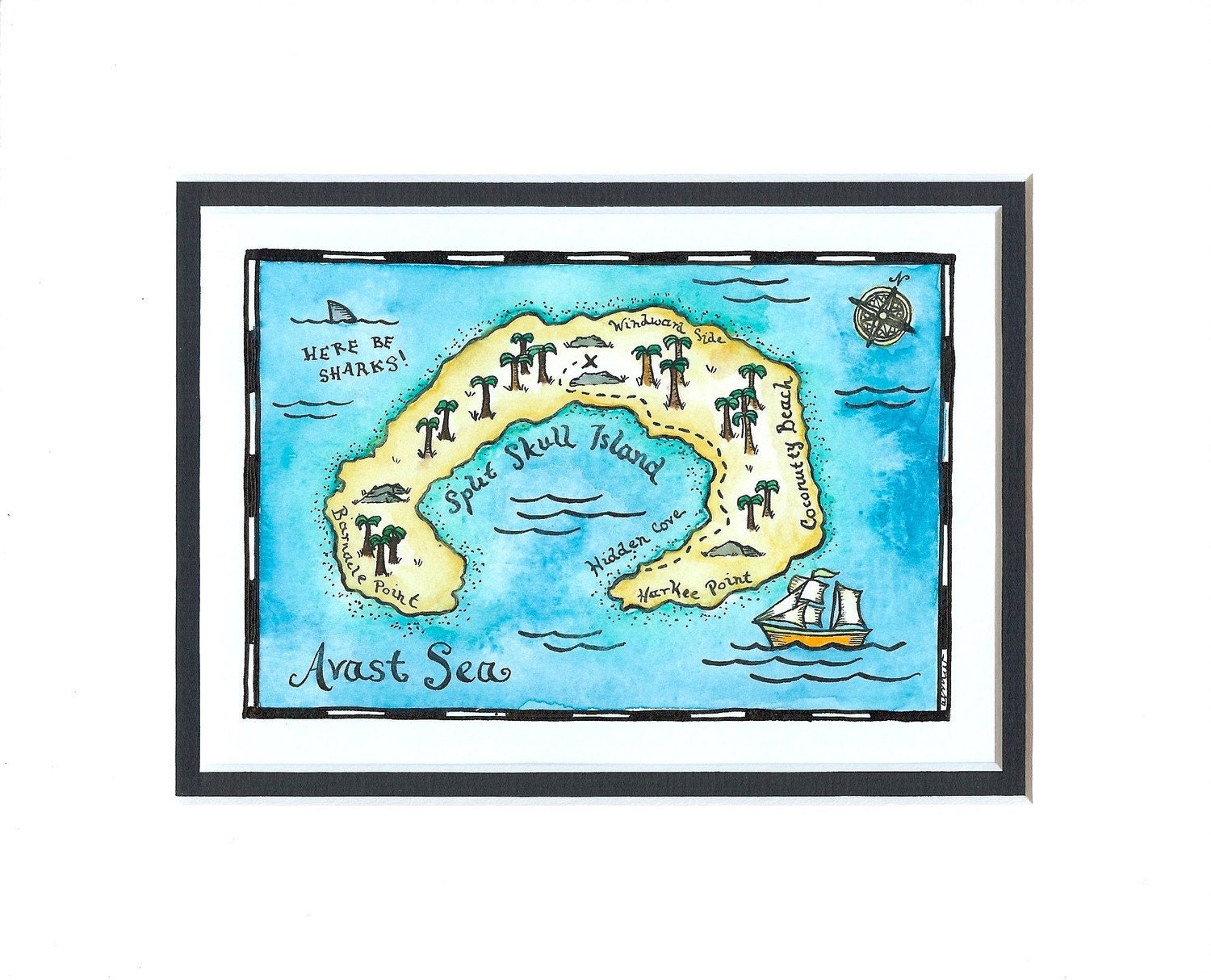 Split Skull Island Treasure Map / 5 x 7 Original