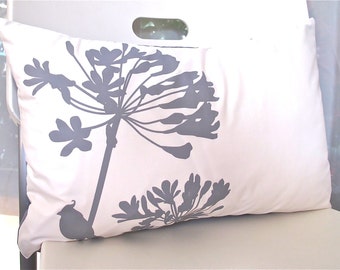 Limited Time Sale Grey Print on Off White Cotton Cardinal on Agapanthus Rectangle Pillow