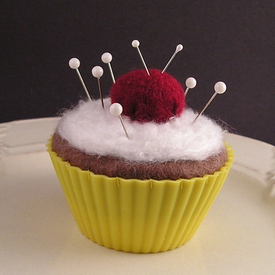 Cupcake Pincushion / Pin Cushion Chocolate with Emery Cherry