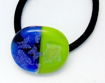Dichroic Butterflies Green and Blue Fused Glass Pony Tail Holder - Bracelet