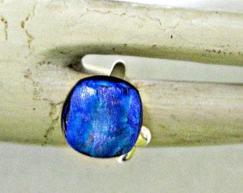 Blue Dichroic Fused Glass Adjustable Sterling Silver Ring