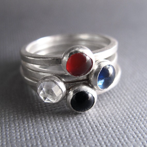 Birthstone Stacking Rings - Sterling Silver & 5mm stones - Four Rings