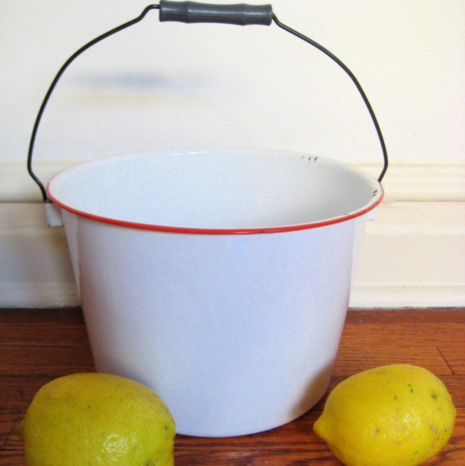 Vintage White Enamelware Bucket with Red Rim