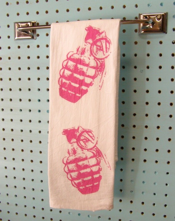 Kitchen Towel - Grenades -  Pink - Screen Printed Hand Towel -  Indie Housewares - House Warming