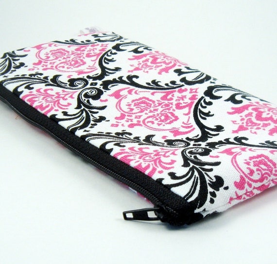 Zipper Pouch Hot Pink And Black Damask Makeup Or Pencil