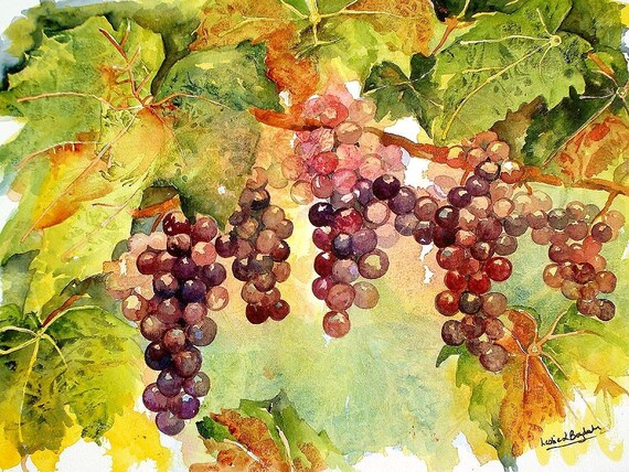 Original Watercolor and Acrylic Grapes on the Vine Painting