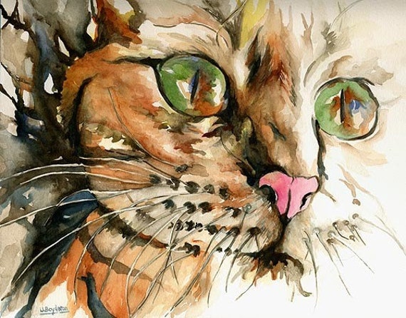 Original Watercolor Cat Reflective Eyes Painting