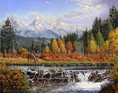 Autumn Americana Art, Western Mountain Man Landscape, Trapper and Beaver Dam Print by Walt Curlee