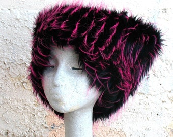 UV Hot Pink KOZY KITTY hat Electric magenta faux fur hat - Women Teens edm fuzzy fur hat Raver Neon Pink tufts black Burning Man Mardi Gras