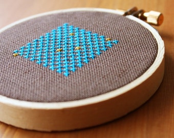 Cubik Wall Wear - geometric wall art decor square cross-stitch embroidery hoop framed blue turquoise brown wood frame hanging modern small