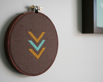 Vandetta Wall Wear - Chevron triangle geometric cross-stitch wall art decor wood hoop frame embroidery brown mustard yellow blue turquoise