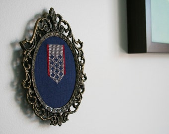 Conquest Wall Wear - wall art deco cross-stitch crossstitch embroidery linen blue gret red ornate frame framed hanging