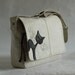 Messenger bag with black leather cat - natural linen