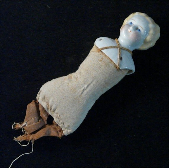 VINTAGE Porcelain Doll Head Sewn On OLD CLOTH BODY Antique and