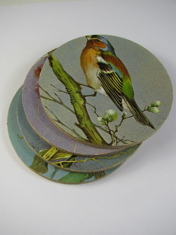 Four vintage bird coasters round cork backed by recyclarama