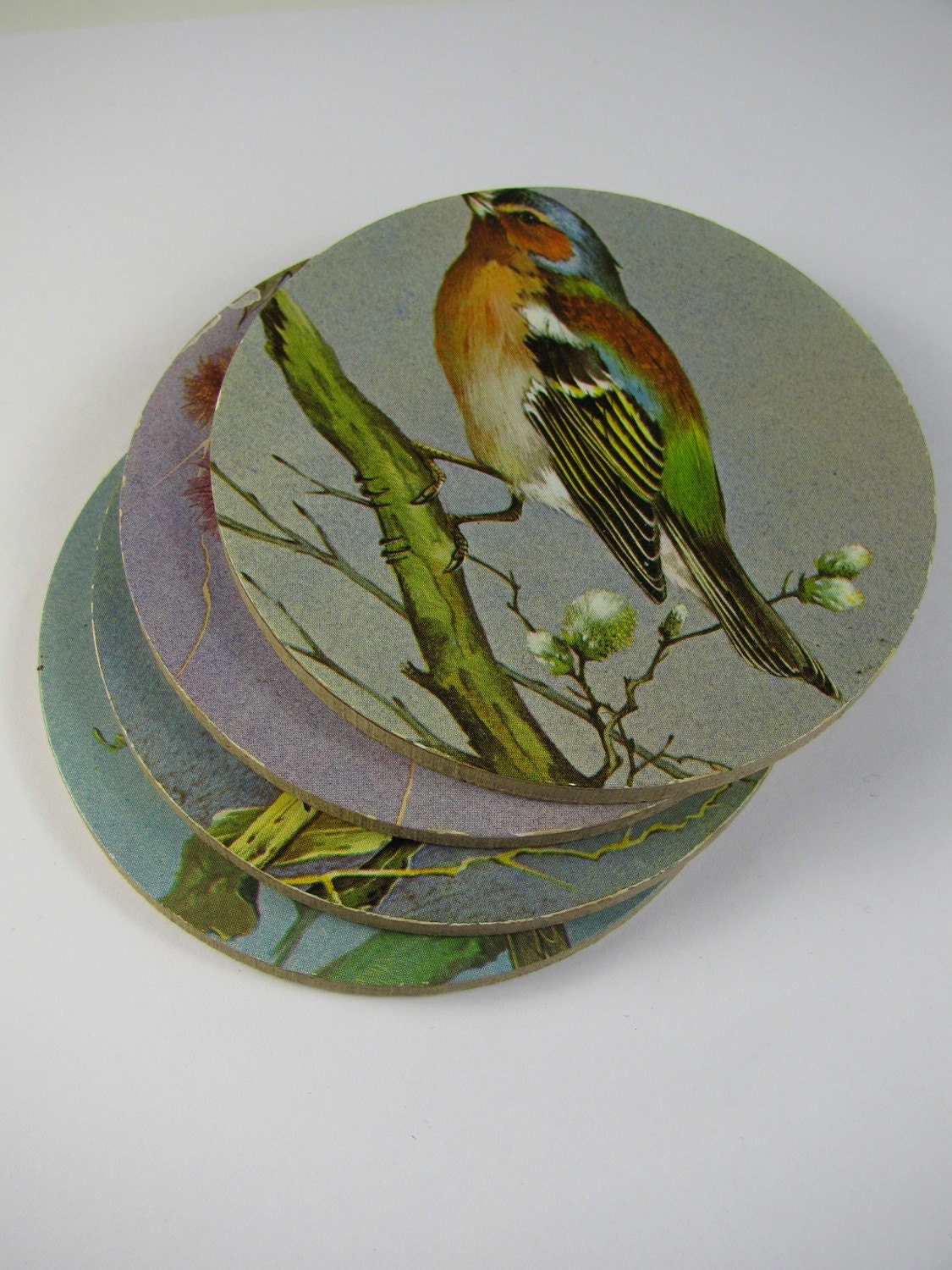 Four vintage bird coasters round cork backed by recyclarama