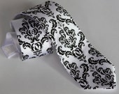Black and white damask necktie. Silkscreened men's tie. Microfiber. Choose standard, narrow or skinny.