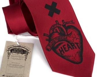 Burgundy screen printed necktie, "Heart Attack," black ink on deep red microfiber tie. Standard or narrow width.