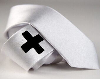 Men's white skinny tie, "Medic" - screen printed necktie, cross design. Microfiber, black print.