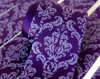 6 damask wedding neckties. Groomsmen ties, group discount. Vegan-safe microfiber ties, matching silkscreened print.