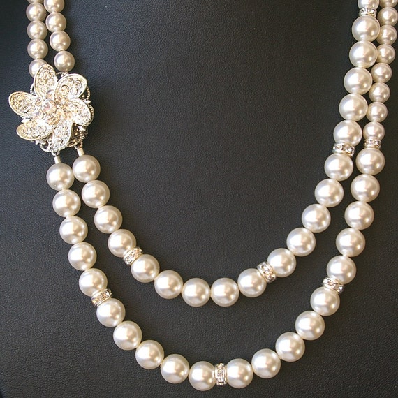 Items similar to Pearl Bridal Jewelry, Crystal Flower Bridal Necklace ...