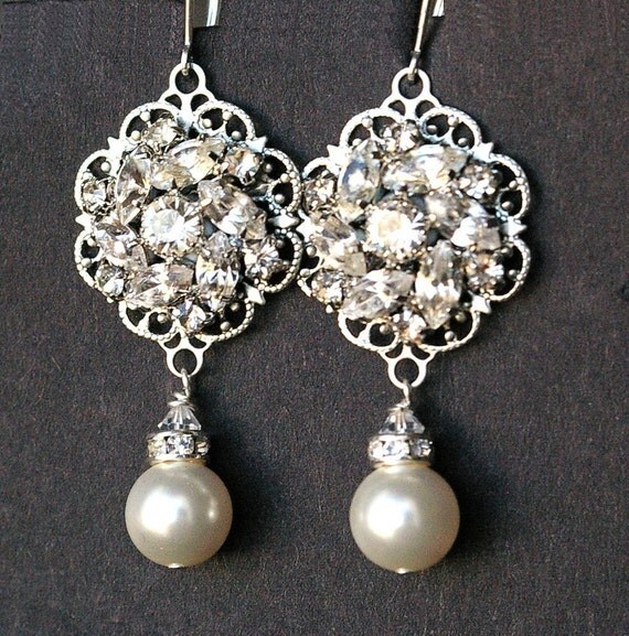 Pearl And Rhinestone Bridal Earrings Vintage Style By Luxedeluxe