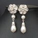 Ivory White Pearl Bridal Earrings, Rhinestone Flower Wedding Earrings, Vintage Style Wedding Jewelry, Dangly Pearl Bridal Earrings, EMMA
