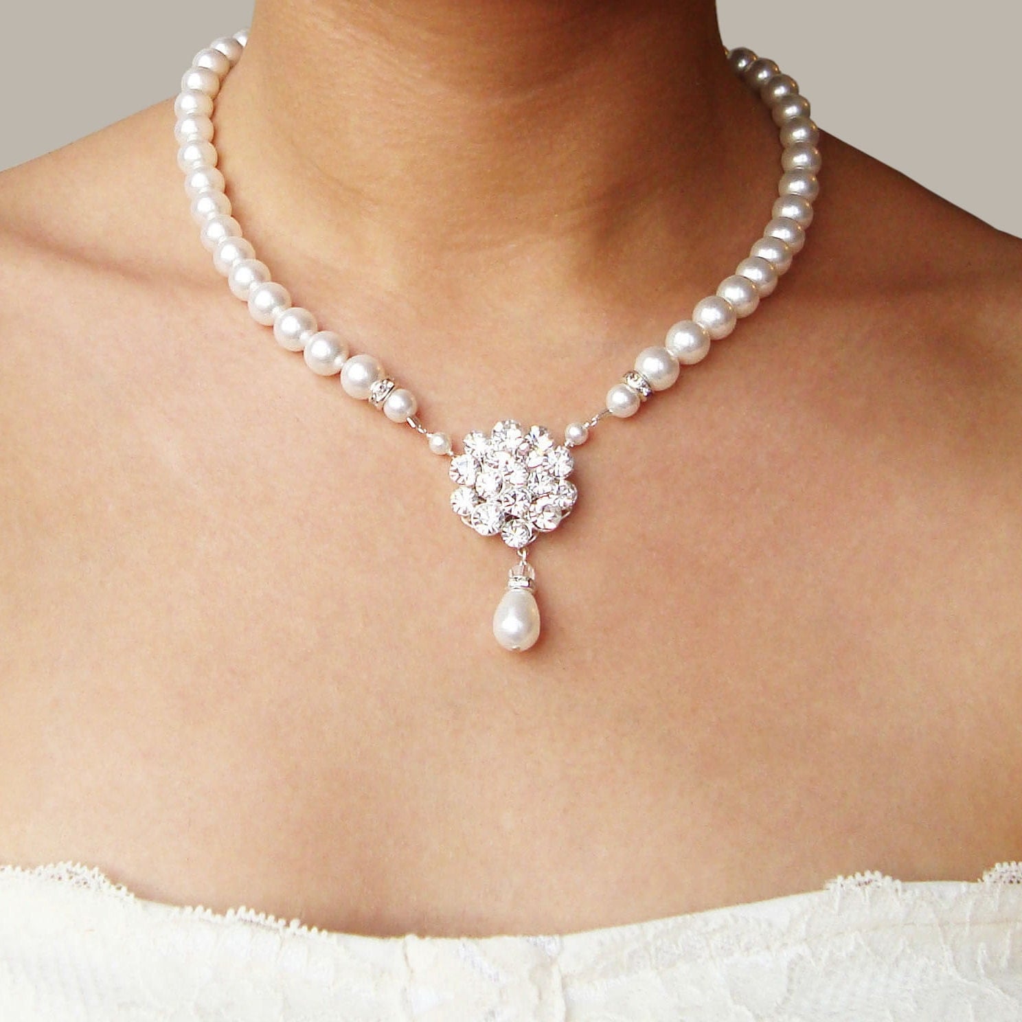 Bridal Pearl Necklace Vintage Style Wedding Necklace by