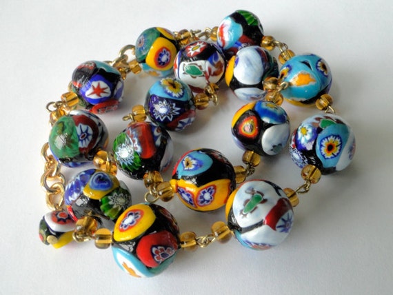 Colorful vintage Millefiori art glass necklace. Bohemian.